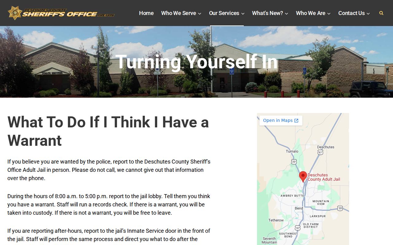 Deschutes County jail warrant check and voluntary turn-in instructions
