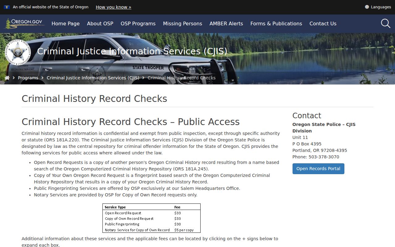 Oregon State Police criminal history record product options