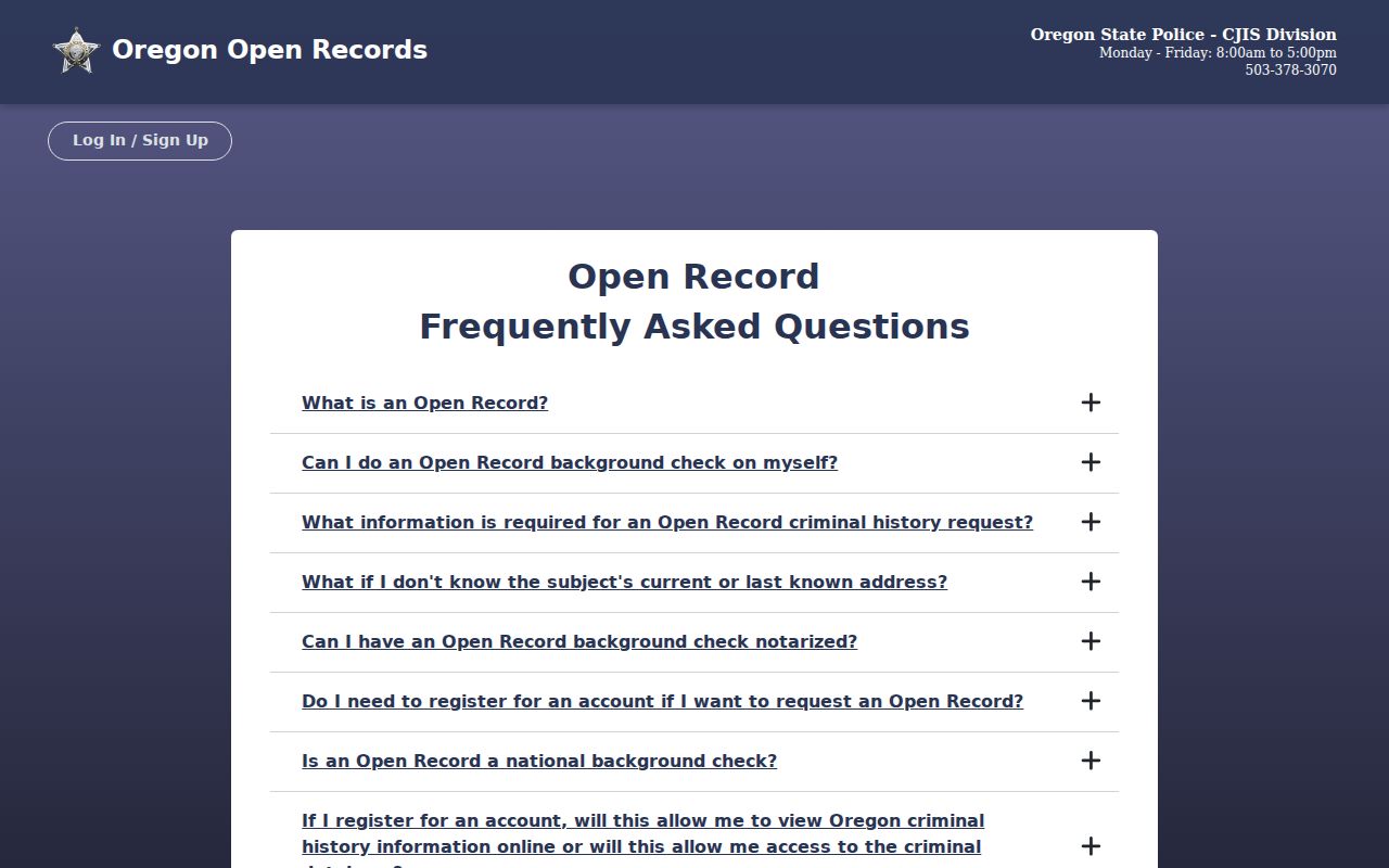 Oregon Open Record scope and required information page