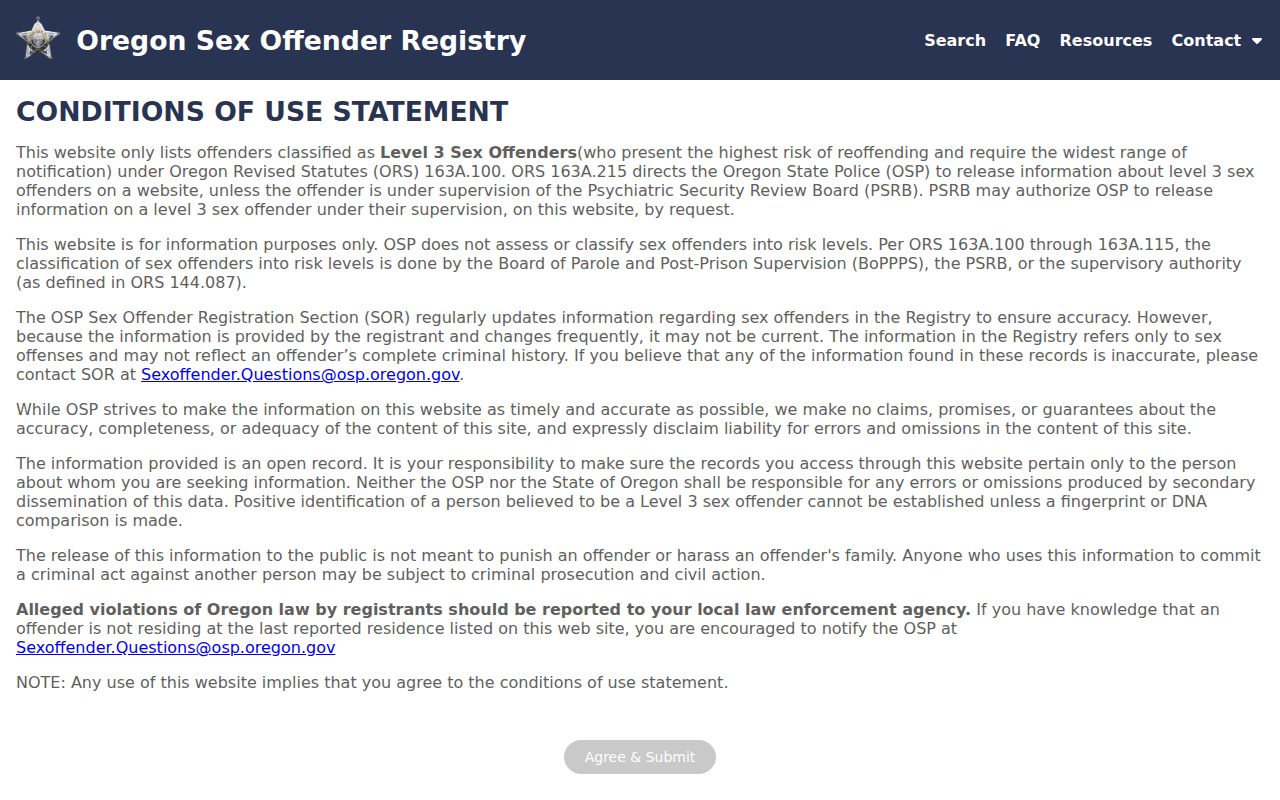 Deschutes County sex offender registry official Oregon search form